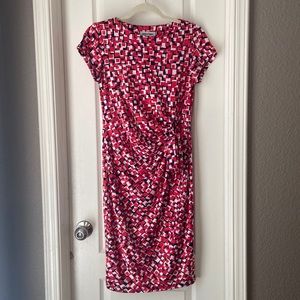 Shelby & Palmer, small, red, pink, black, off white pattern, short sleeves dress